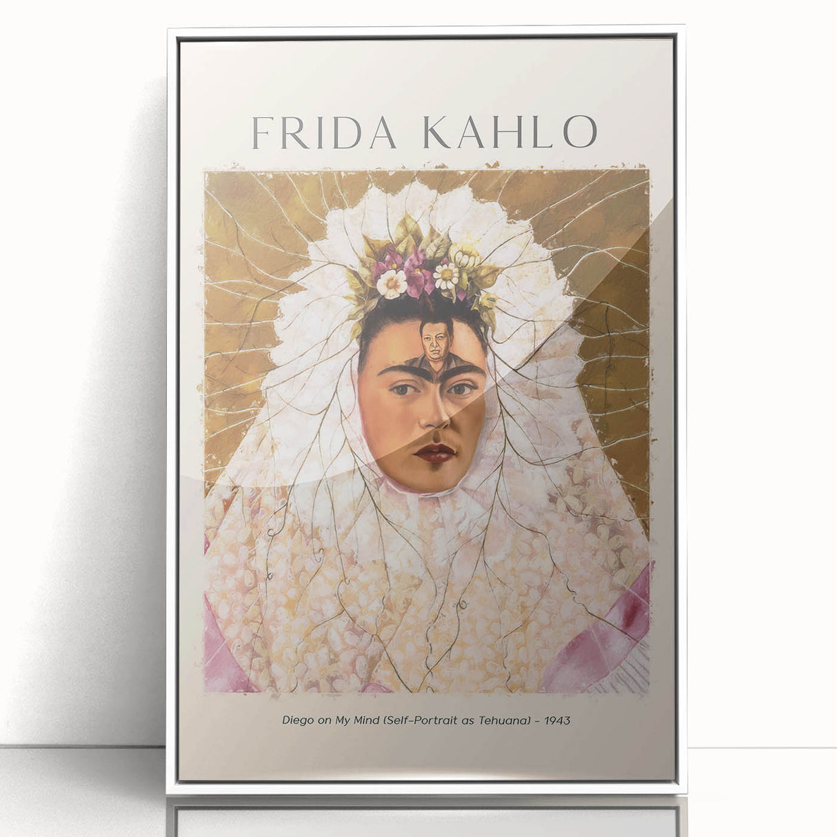 Acrylic print of a modern art depiction of Frida Kahlo in art deco style, with vibrant colors, ideal for nursery wall art.