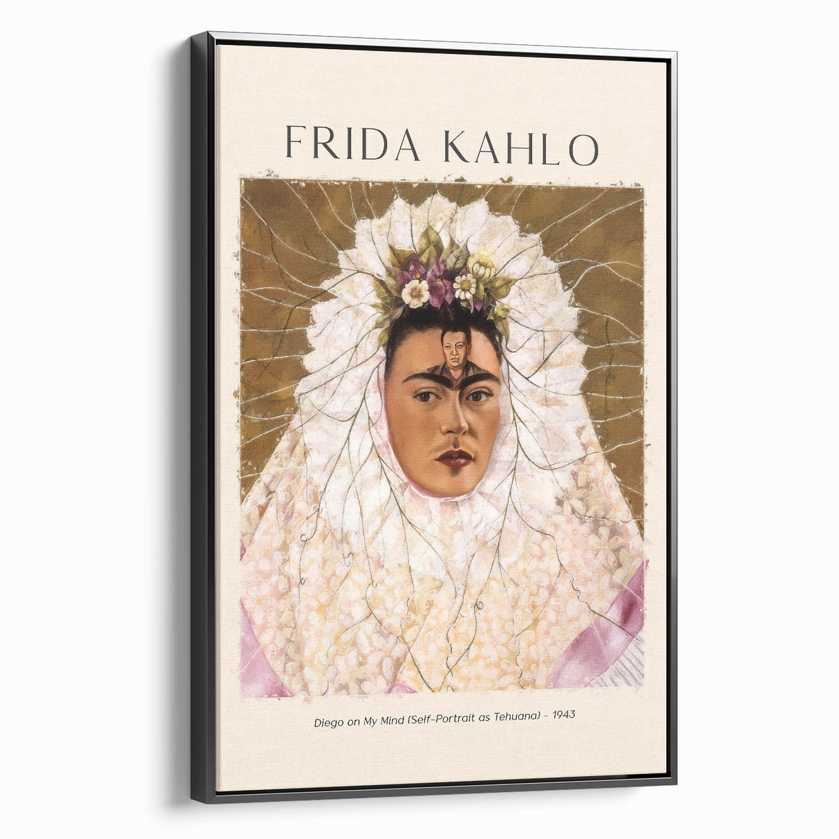 Black and white framed canvas of Frida Kahlo in a vintage poster style, ideal for bedroom wall art.