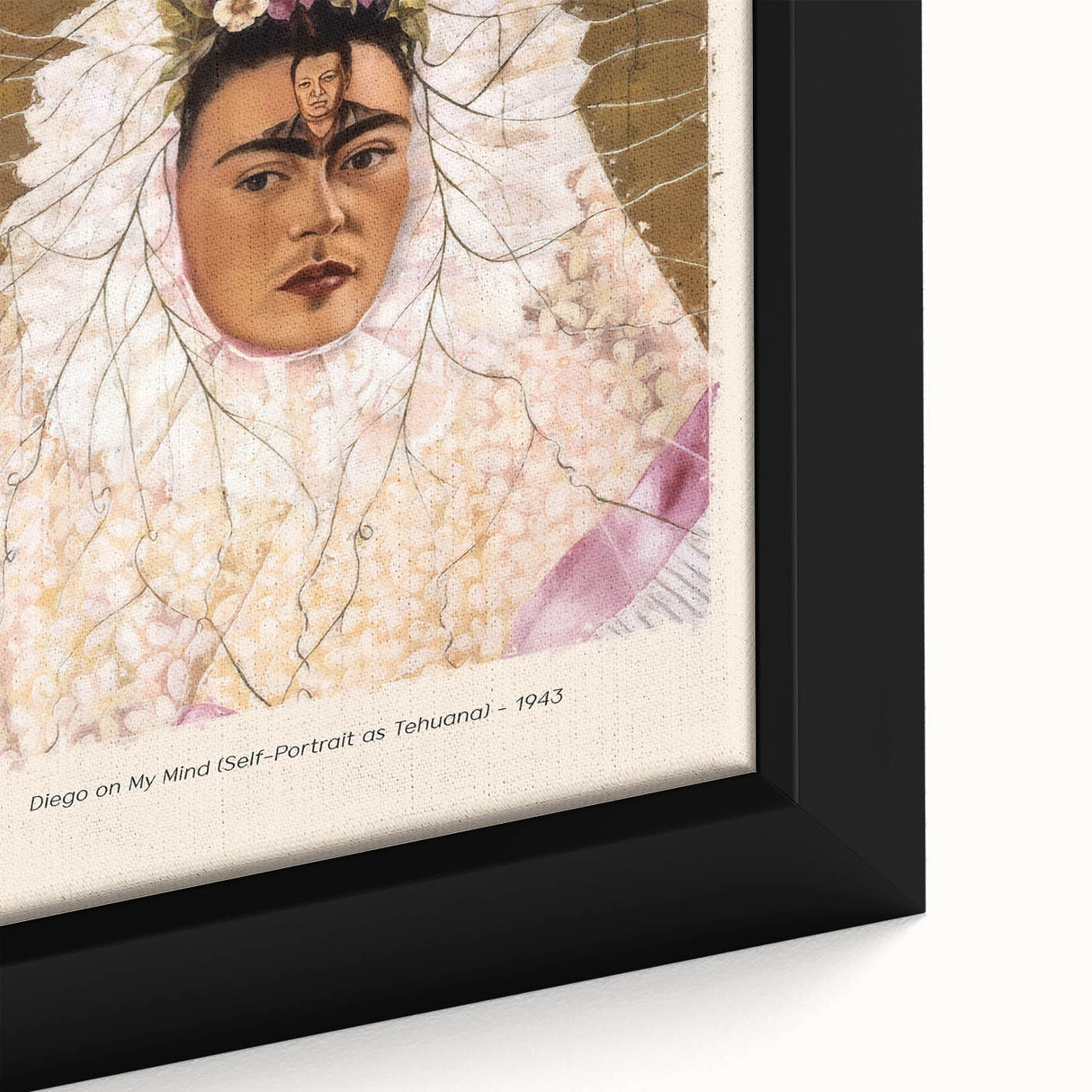 Close-up of a textured, extra large black wall art featuring a colorful, avant-garde Frida Kahlo design on framed canvas.