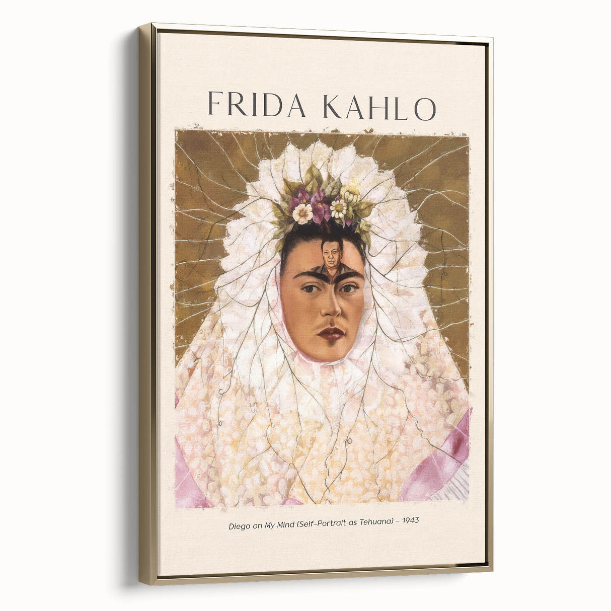 Framed canvas featuring a contemporary portrait of Frida Kahlo in black and gold tones, ideal for bedroom wall art.
