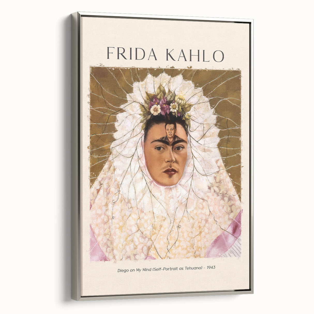 Framed canvas of a colorful Frida Kahlo portrait in abstract style, suitable for enhancing a creative studio space.