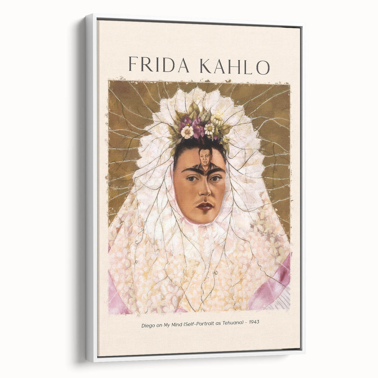 Framed canvas of vintage poster art featuring a colorful Frida Kahlo portrait, ideal for living room decor.