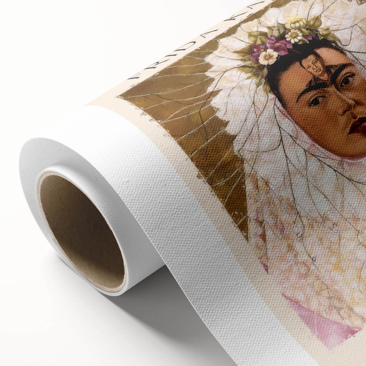 Art deco style poster of Frida Kahlo on rolled canvas with vibrant colors, ideal for nursery wall art.