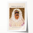 Avant-garde Frida Kahlo portrait with floral elements in bold colors on a rolled print, ideal for art wall dining room.
