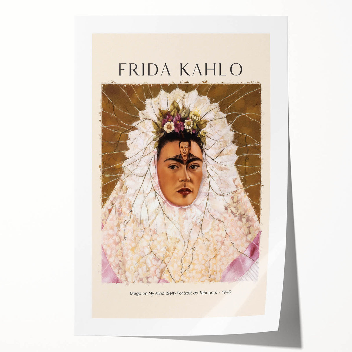 Avant-garde Frida Kahlo portrait with floral elements in bold colors on a rolled print, ideal for art wall dining room.