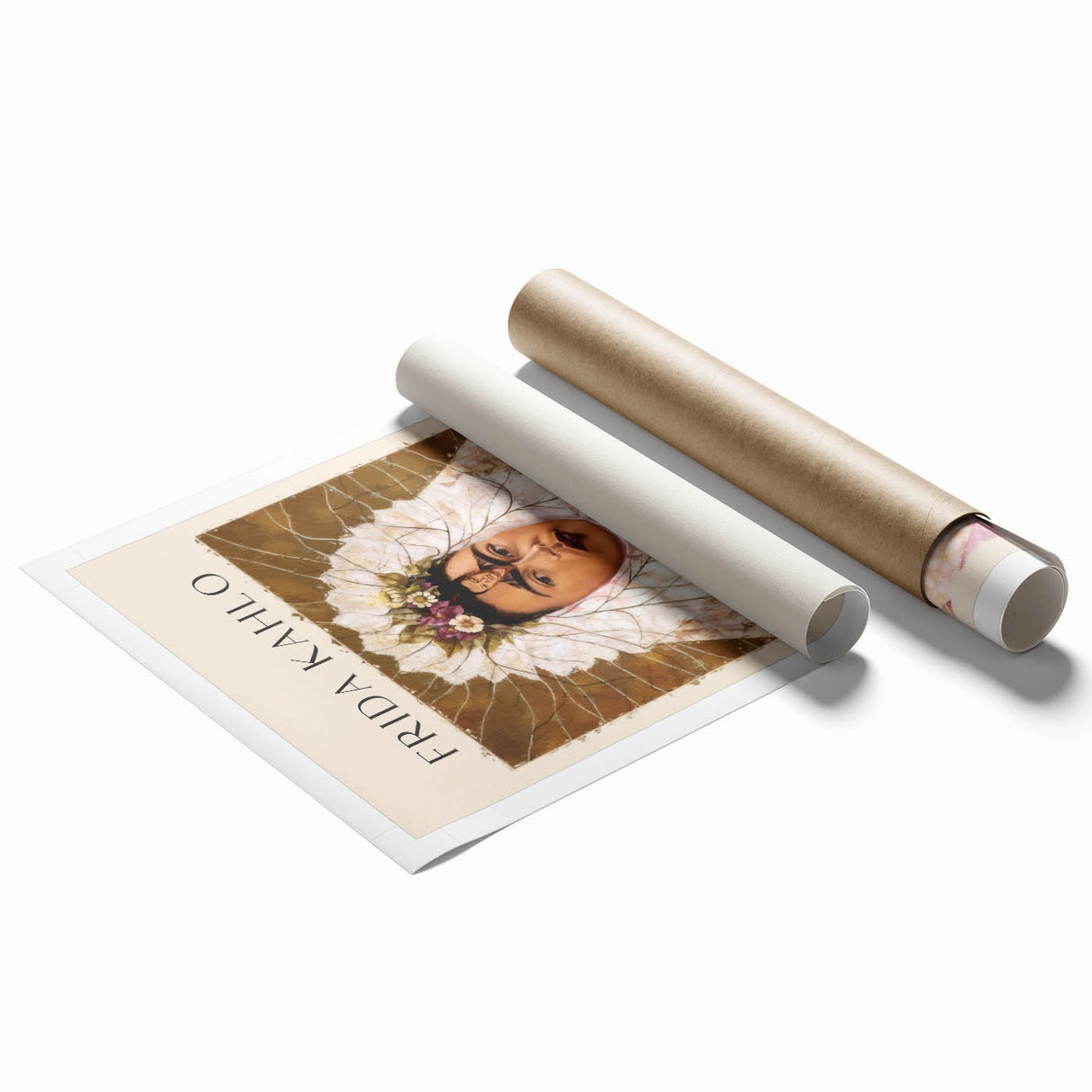 Extra large rolled print of Frida Kahlo with vibrant floral elements, ideal for classy bathroom wall art.