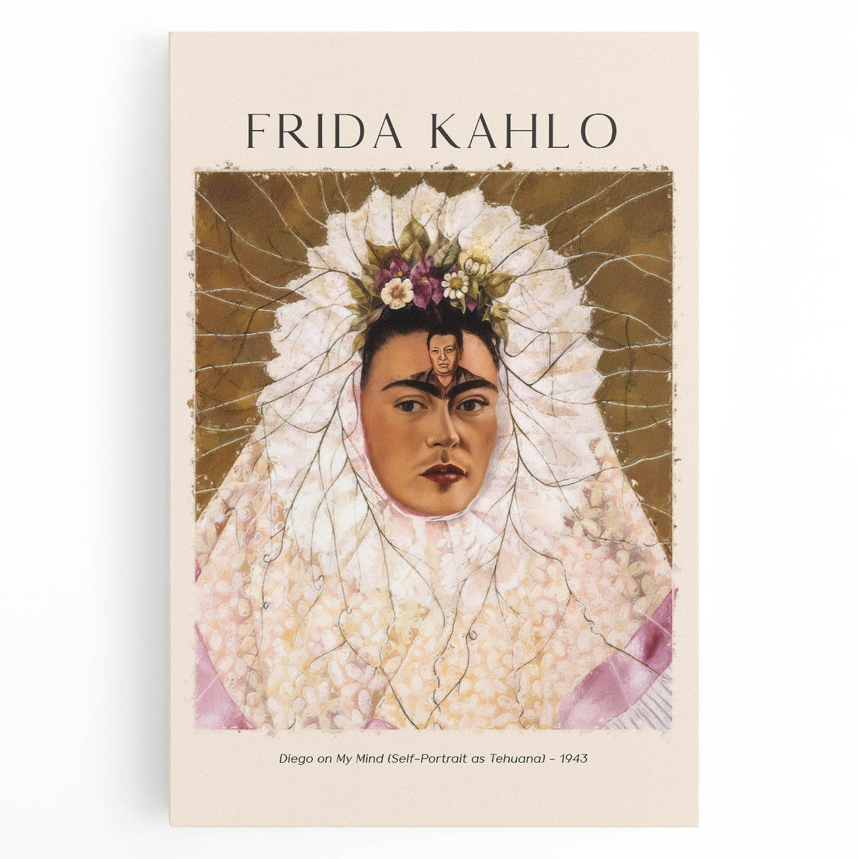 Black and white canvas print of Frida Kahlo in a contemporary style, ideal for kitchen wall art.