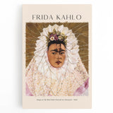 Black and white canvas print of Frida Kahlo in a contemporary style, ideal for kitchen wall art.