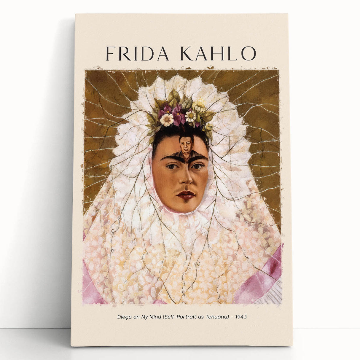 Black and white portrait of Frida Kahlo on stretched canvas, ideal for kitchen wall art or bedroom ambiance.