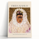 Black and white portrait of Frida Kahlo on stretched canvas, ideal for kitchen wall art or bedroom ambiance.