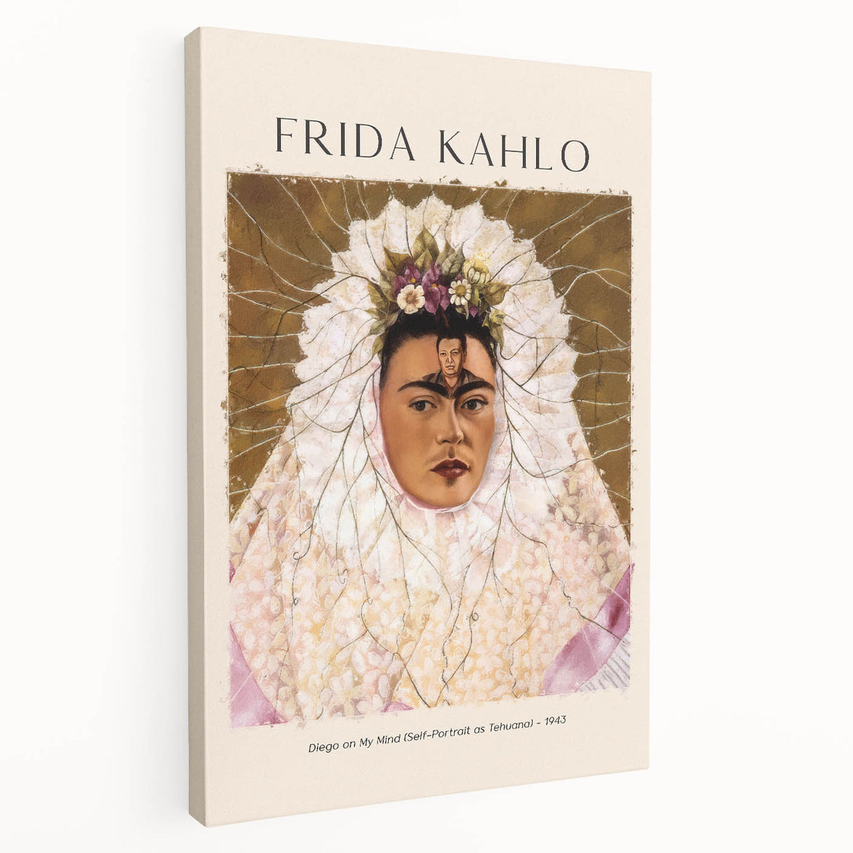 Contemporary Frida Kahlo portrait in vibrant colors on stretched canvas, ideal for kitchen wall art.