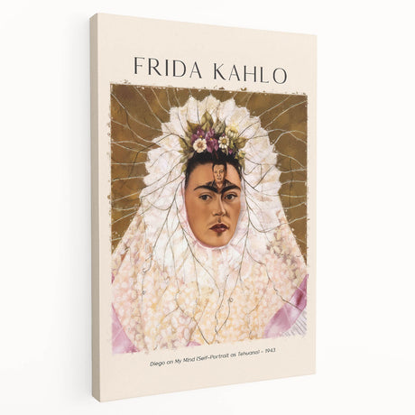 Contemporary Frida Kahlo portrait in vibrant colors on stretched canvas, ideal for kitchen wall art.