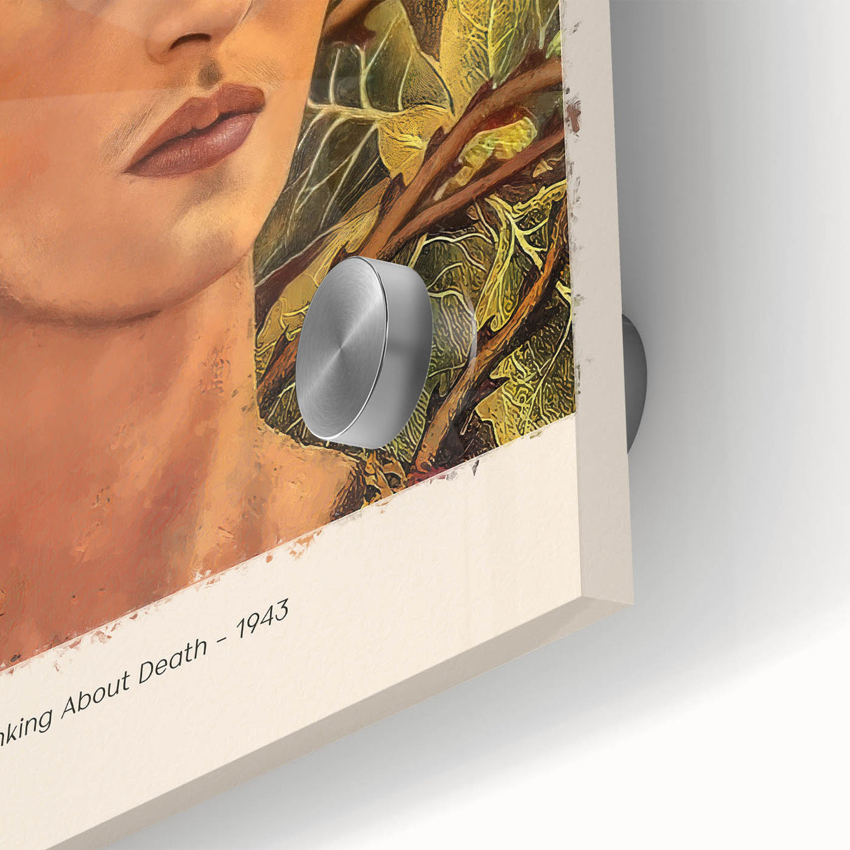 Mid-century modernist style large abstract art print of Frida Kahlo, in muted tones on acrylic glass.