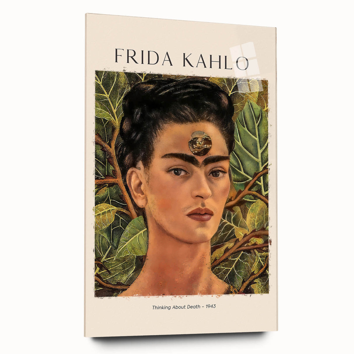 Acrylic print of a large abstract depiction of Frida Kahlo in vibrant colors, suitable for bedroom or dining room decor.