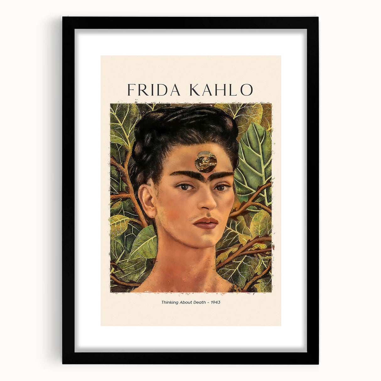 Extra large abstract art print featuring a colorful, textured depiction of Frida Kahlo on black framed canvas.