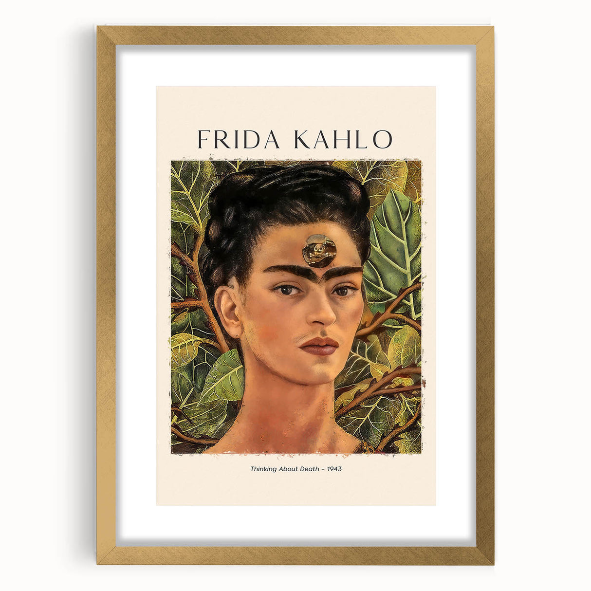 Extra large abstract art print of Frida Kahlo on textured canvas, in muted colors, ideal for living room decor.