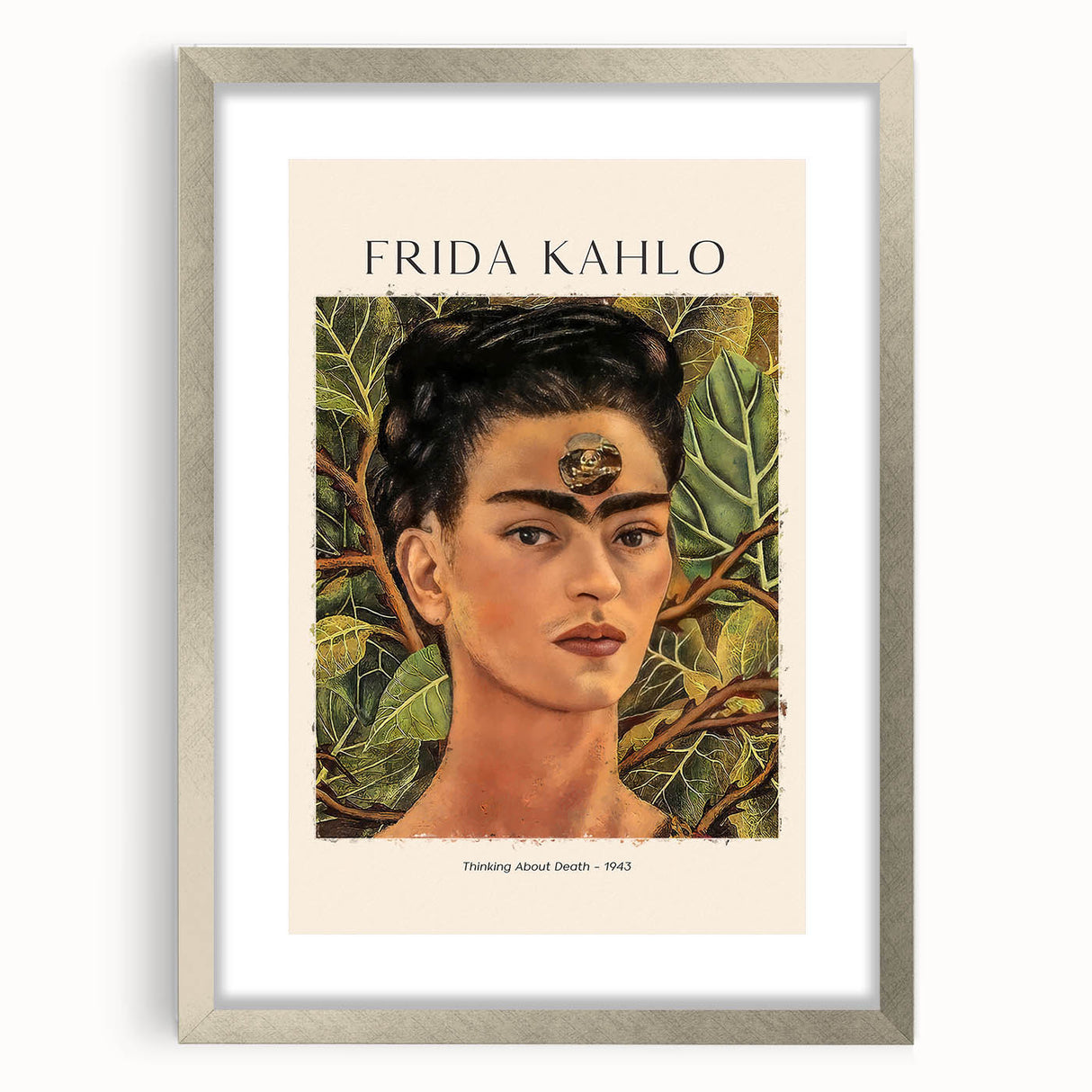 Textured art print of Frida Kahlo in abstract style, with vibrant colors on silver-framed canvas, suitable for bedroom decor.