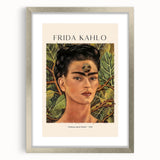 Textured art print of Frida Kahlo in abstract style, with vibrant colors on silver-framed canvas, suitable for bedroom decor.