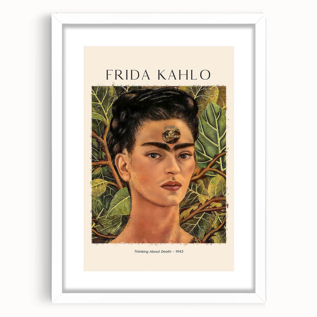 Abstract art print of Frida Kahlo in muted colors on a white framed canvas, suited for bedroom or dining room decor.