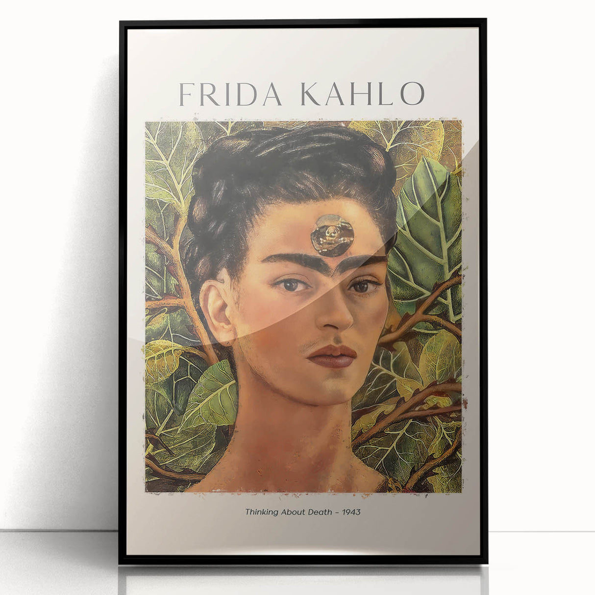 Large abstract wall art featuring a modernist Frida Kahlo portrait in black and white tones, framed acrylic.