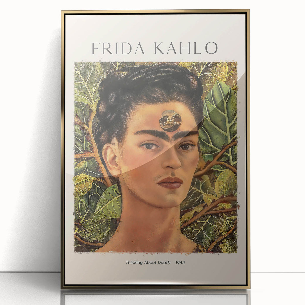 Mid-century modernist Frida Kahlo portrait in acrylic, framed in gold, on a muted beige background.