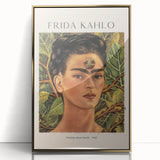 Mid-century modernist Frida Kahlo portrait in acrylic, framed in gold, on a muted beige background.