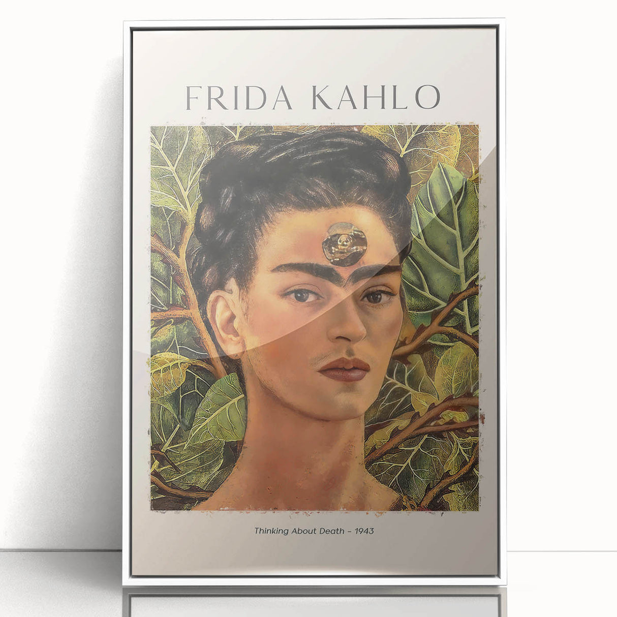 Acrylic print of a contemporary Frida Kahlo portrait in monochrome, ideal for modern art wall decor.