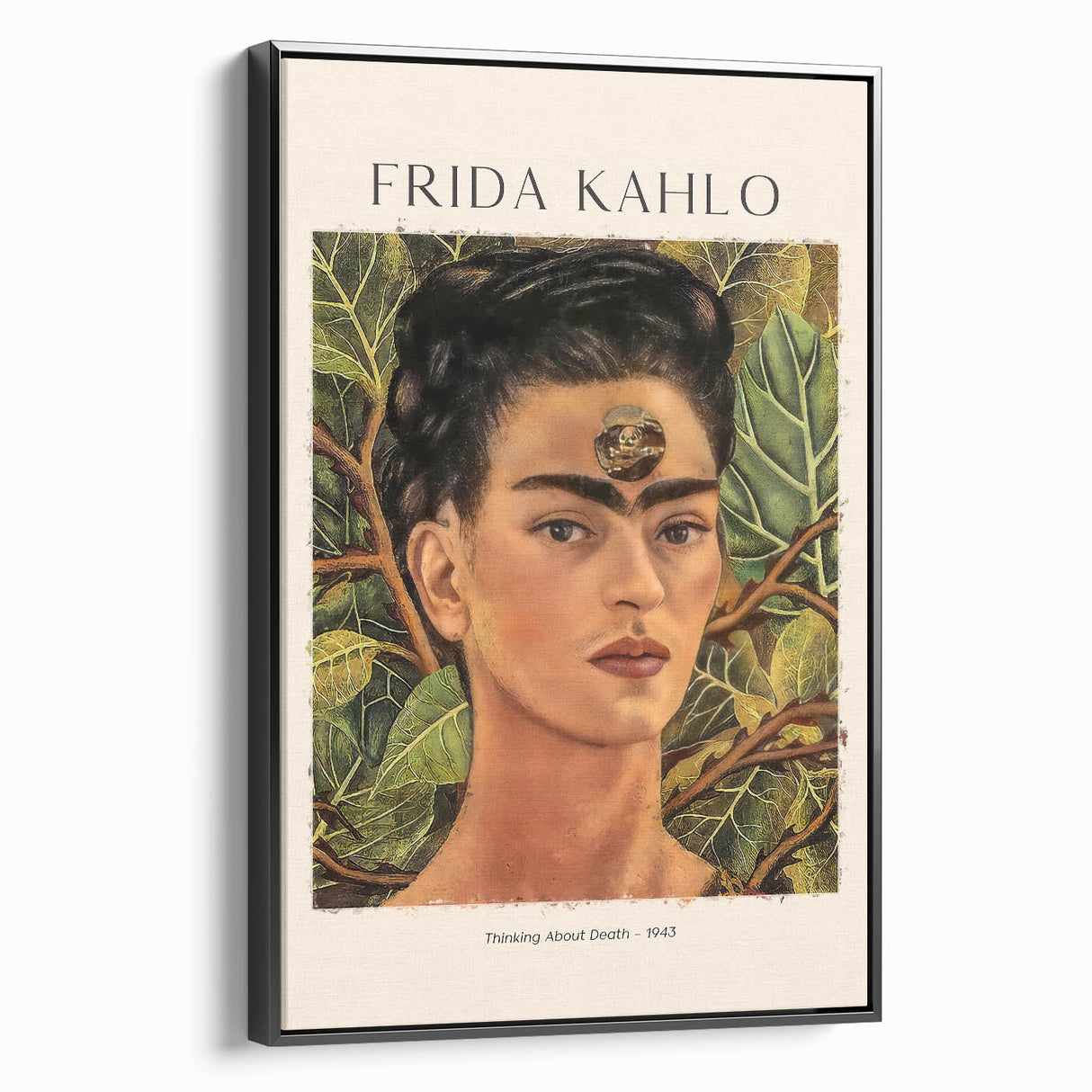 Black and white framed canvas of Frida Kahlo in a contemporary style, suitable for bedroom decor.