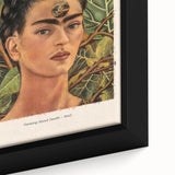Close-up of a black framed canvas featuring a textured, colorful depiction of Frida Kahlo, ideal for living room decor.