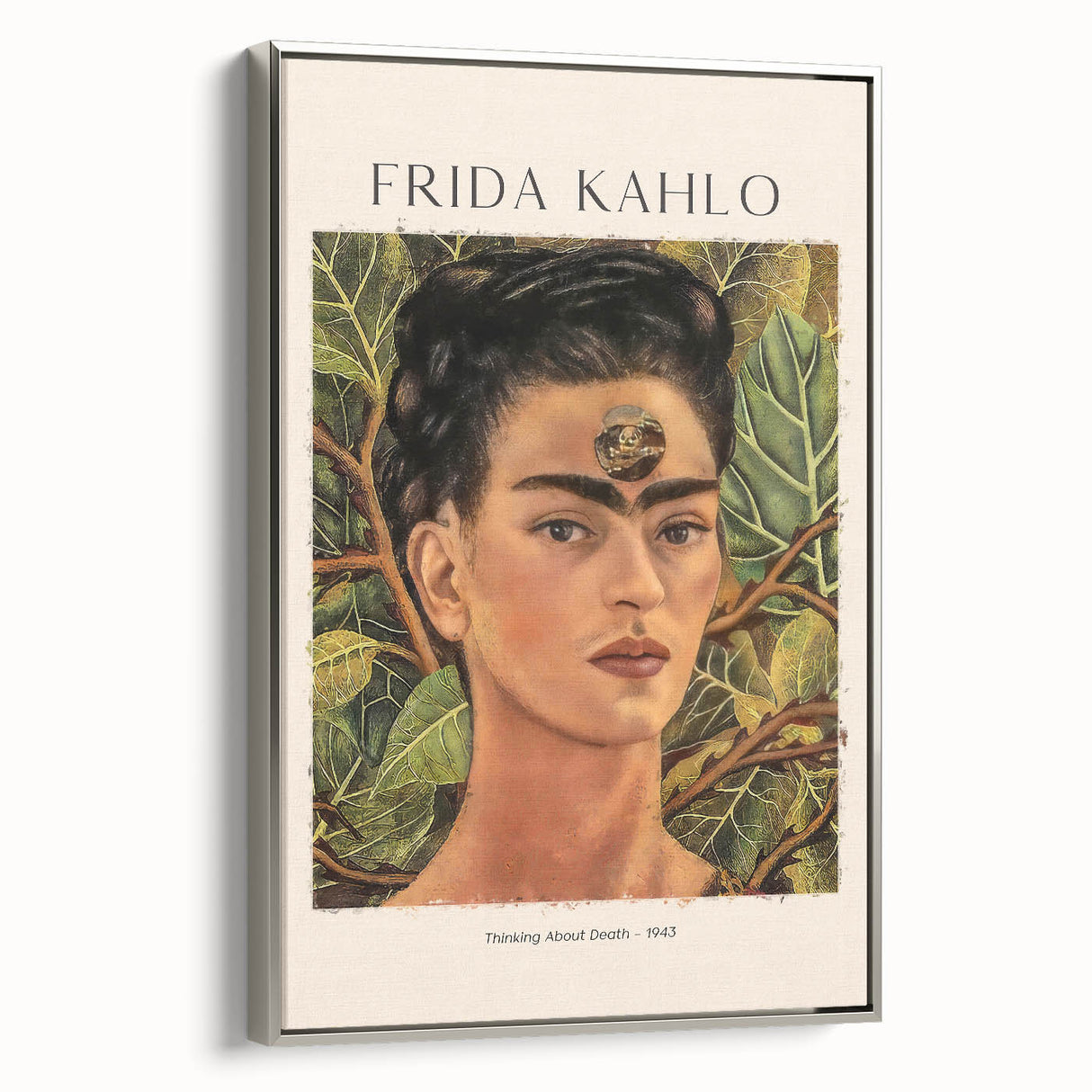Framed canvas of colorful Frida Kahlo in a vintage poster style, ideal for adding vibrant character to a modern living space.