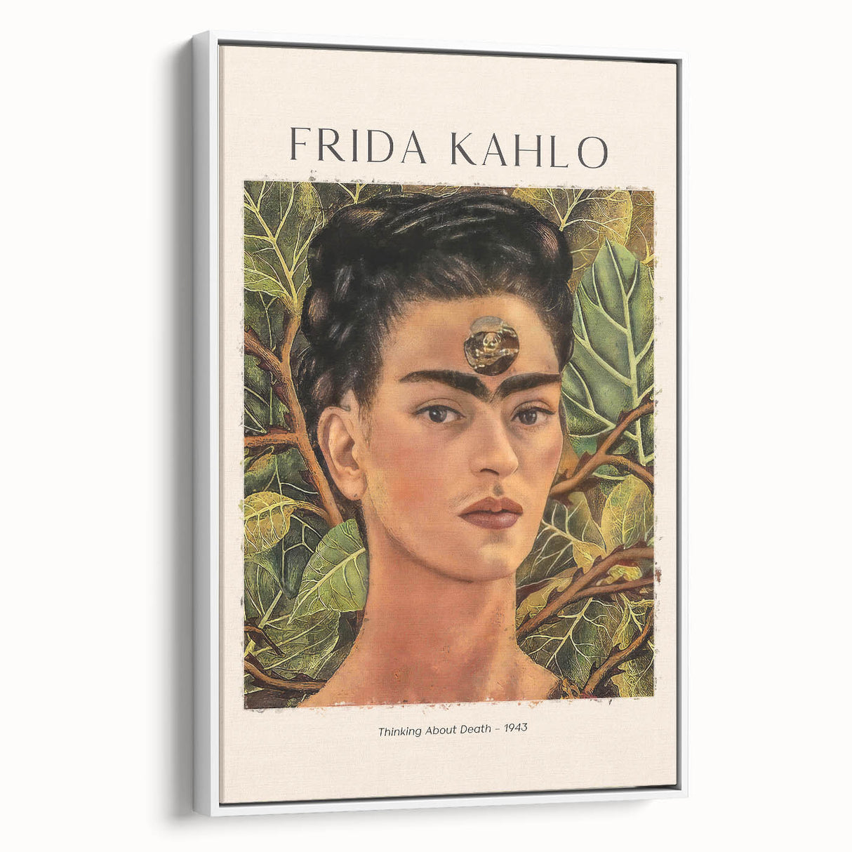 Frida Kahlo vintage poster art on framed canvas, featuring colorful abstract elements on a black background.