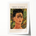 Contemporary Frida Kahlo portrait in vibrant colors on rolled print, suitable for art wall dining room.