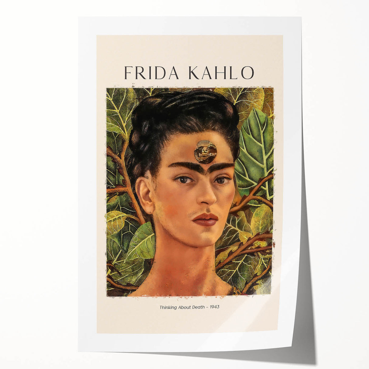Contemporary Frida Kahlo portrait in vibrant colors on rolled print, suitable for art wall dining room.