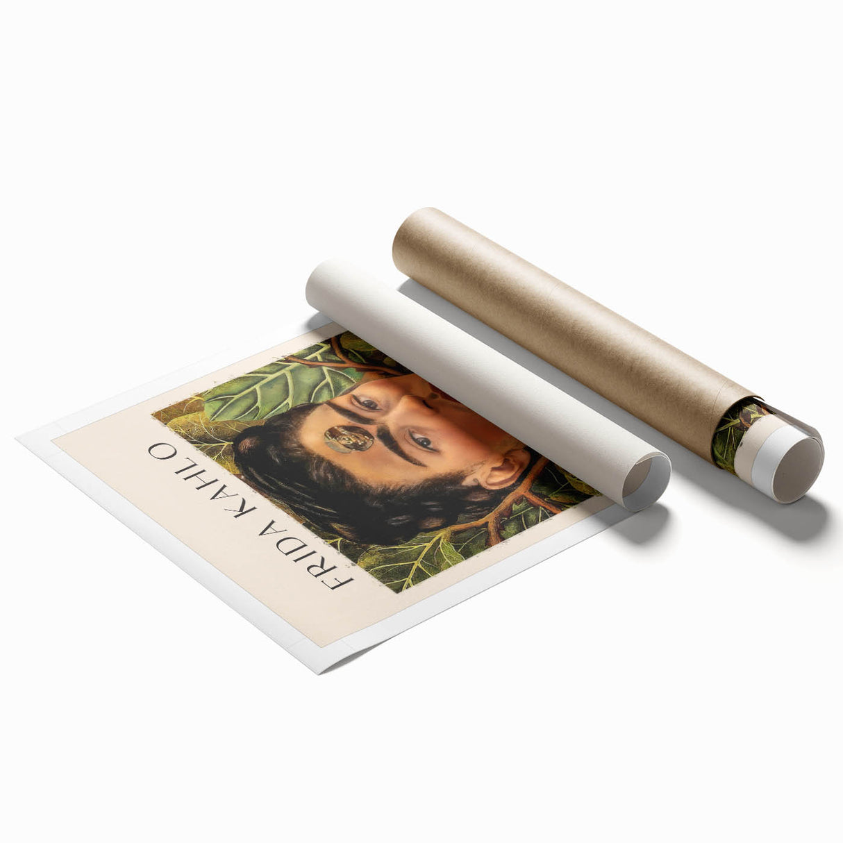 Extra large rolled print featuring a contemporary Frida Kahlo portrait with vivid floral elements.