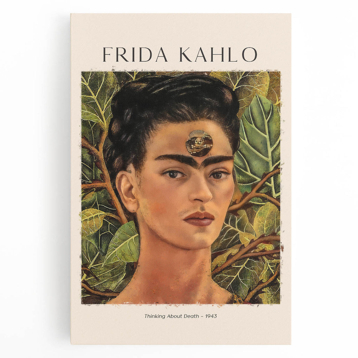 Black and white portrait of Frida Kahlo on stretched canvas, suited for kitchen art.