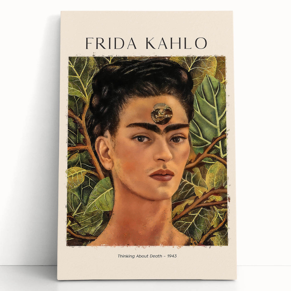 Black and white portrait of Frida Kahlo on stretched canvas, ideal for kitchen wall art or bedroom ambiance.