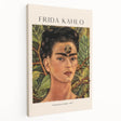 Contemporary Frida Kahlo portrait in vivid colors on stretched canvas, suitable for kitchen wall art.