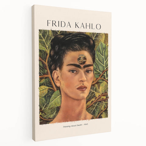 Contemporary Frida Kahlo portrait in vivid colors on stretched canvas, suitable for kitchen wall art.