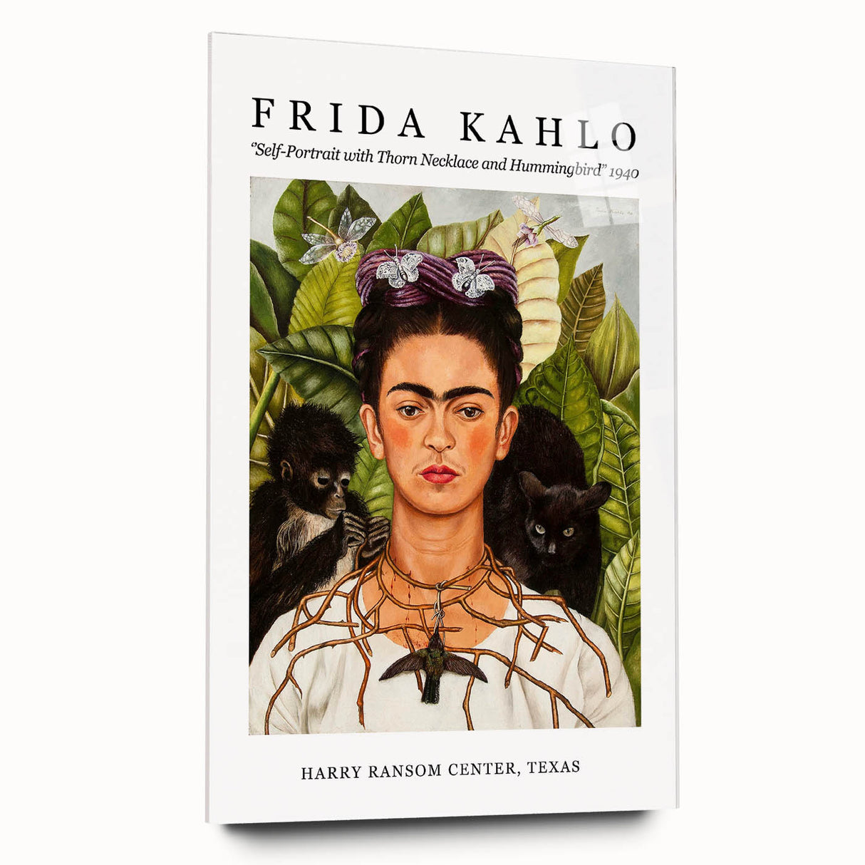 Acrylic print of a large abstract depiction of Frida Kahlo in bold colors, suitable for bedroom or dining room art.