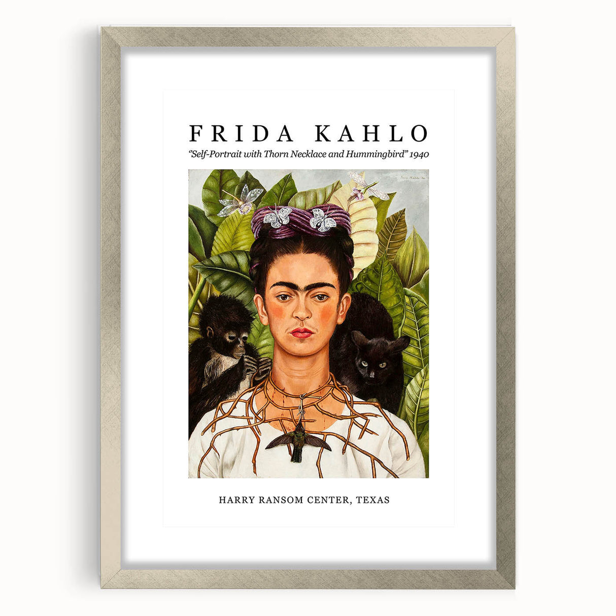 Textured abstract print of Frida Kahlo in muted colors on a silver-framed mat, suitable for bedroom art.