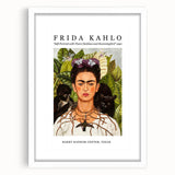 Abstract art print of Frida Kahlo in muted colors on a framed canvas, suitable for bedroom or dining room decor.