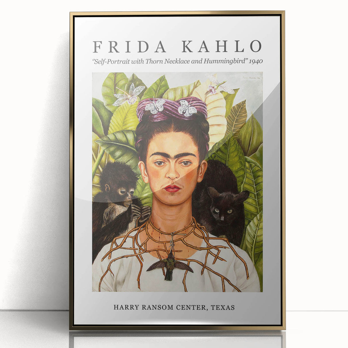 Frida Kahlo-inspired portrait in bold colors on a gold-framed acrylic, suitable for modern art wall decor.