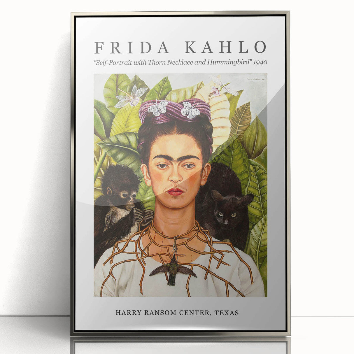 Mid-century modernist art of Frida Kahlo in silver acrylic frame, ideal for nursery wall art.