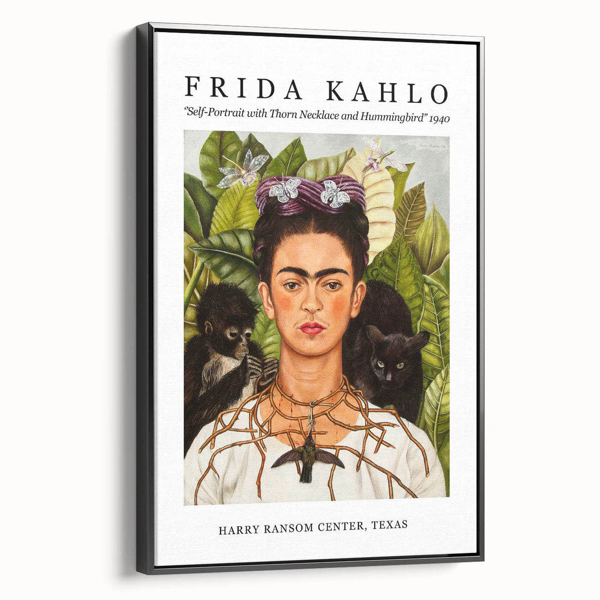 Black and white framed canvas of Frida Kahlo in a minimalist style, ideal for bedroom wall art.