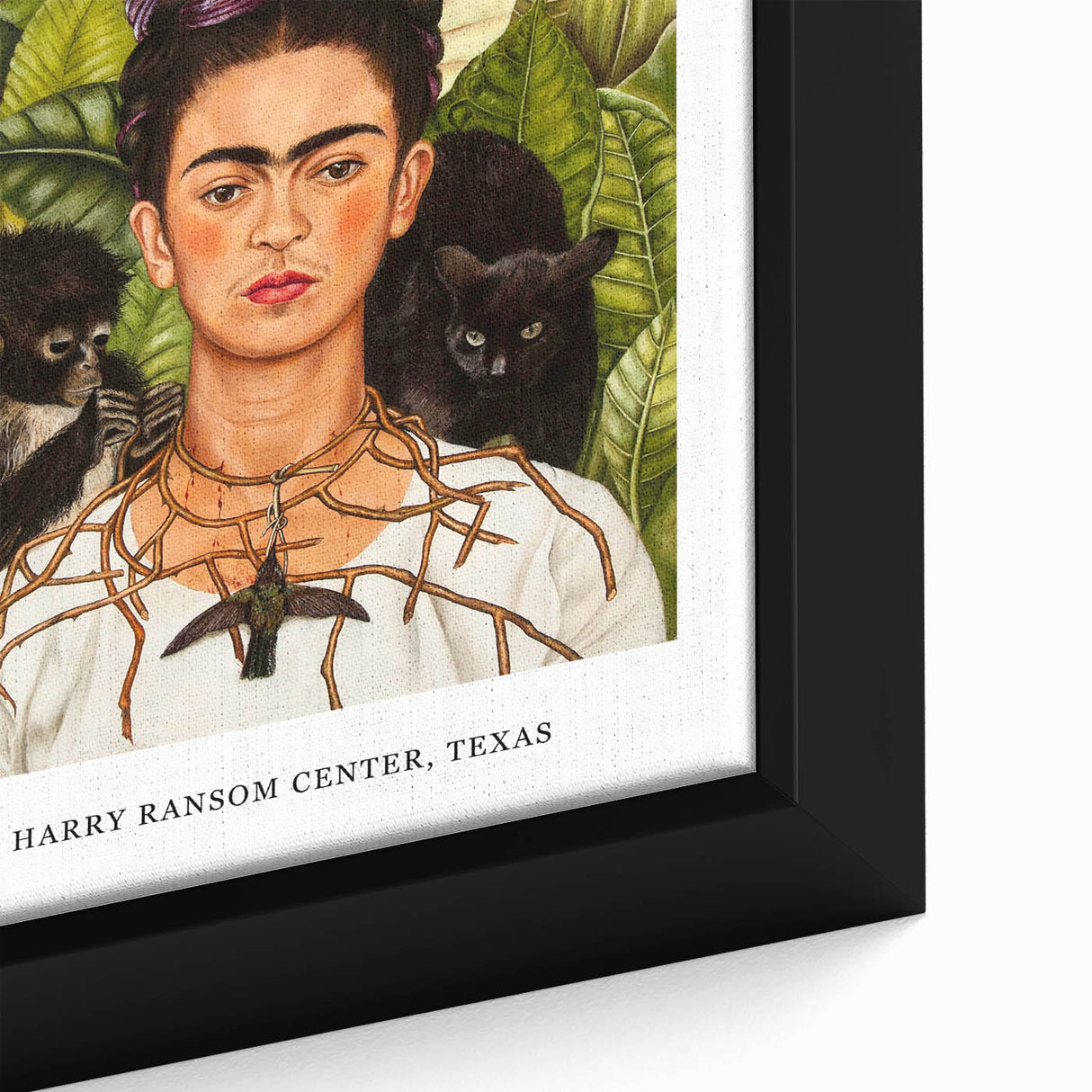 Close-up of a textured Frida Kahlo portrait in black wall art, featuring vibrant color accents, ideal for living room decor.