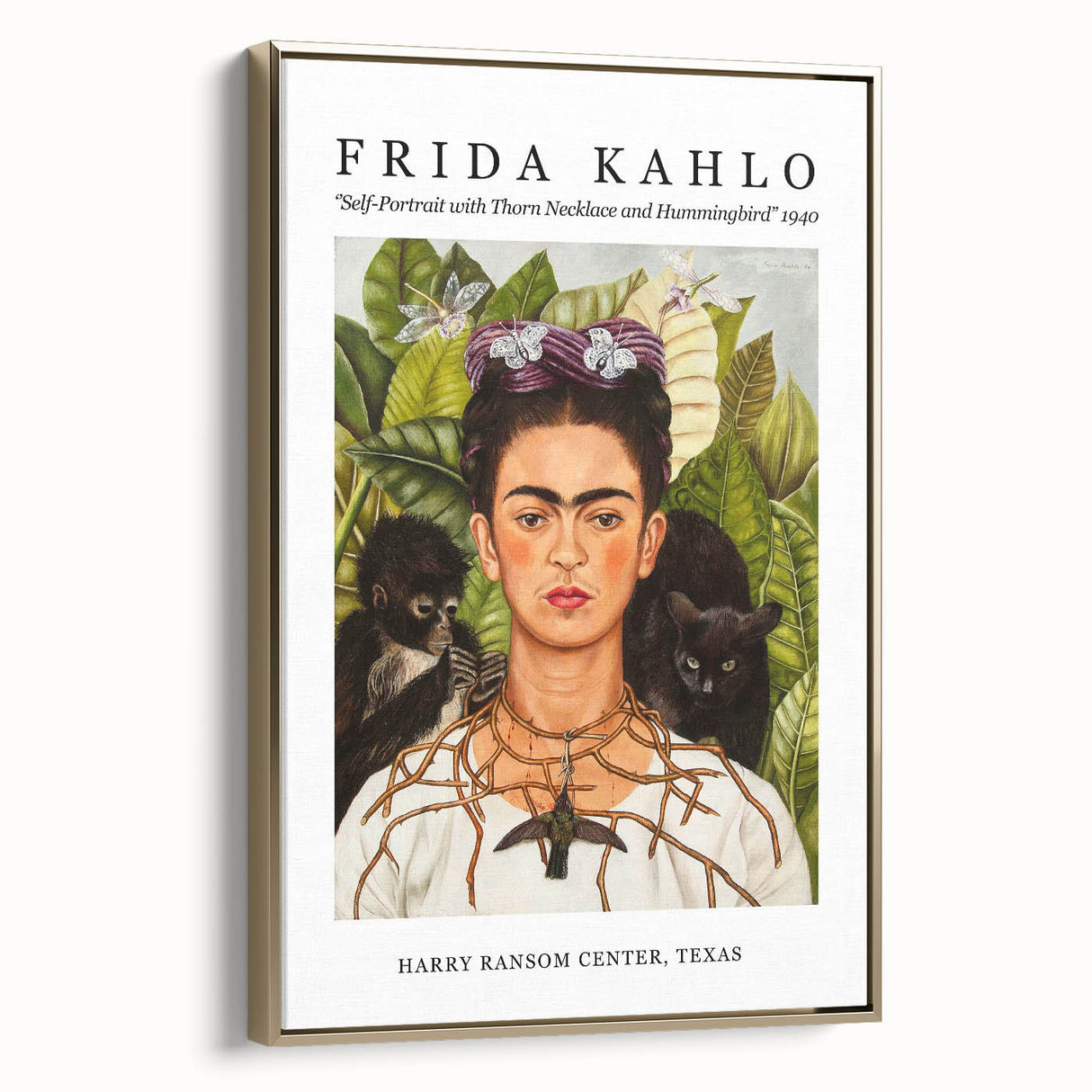 Framed canvas of a contemporary Frida Kahlo portrait in monochrome black, ideal for bedroom wall decor.