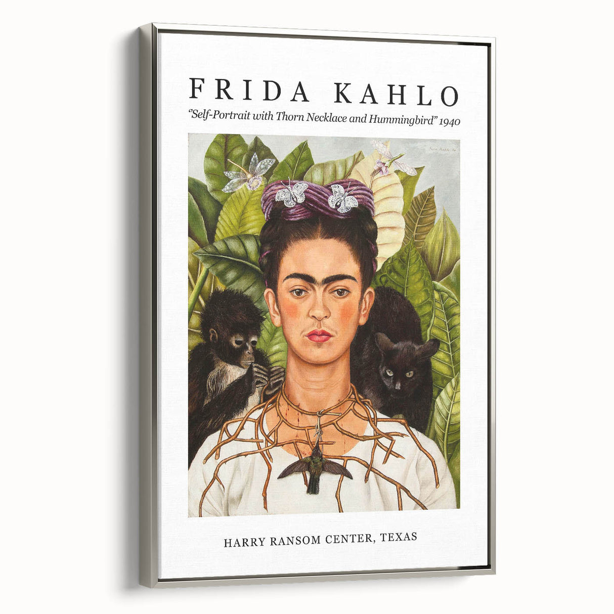 Framed canvas of a colorful Frida Kahlo portrait in vintage poster style, ideal for adding a cultural touch to any room.