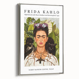 Framed canvas of a colorful Frida Kahlo portrait in vintage poster style, ideal for adding a cultural touch to any room.
