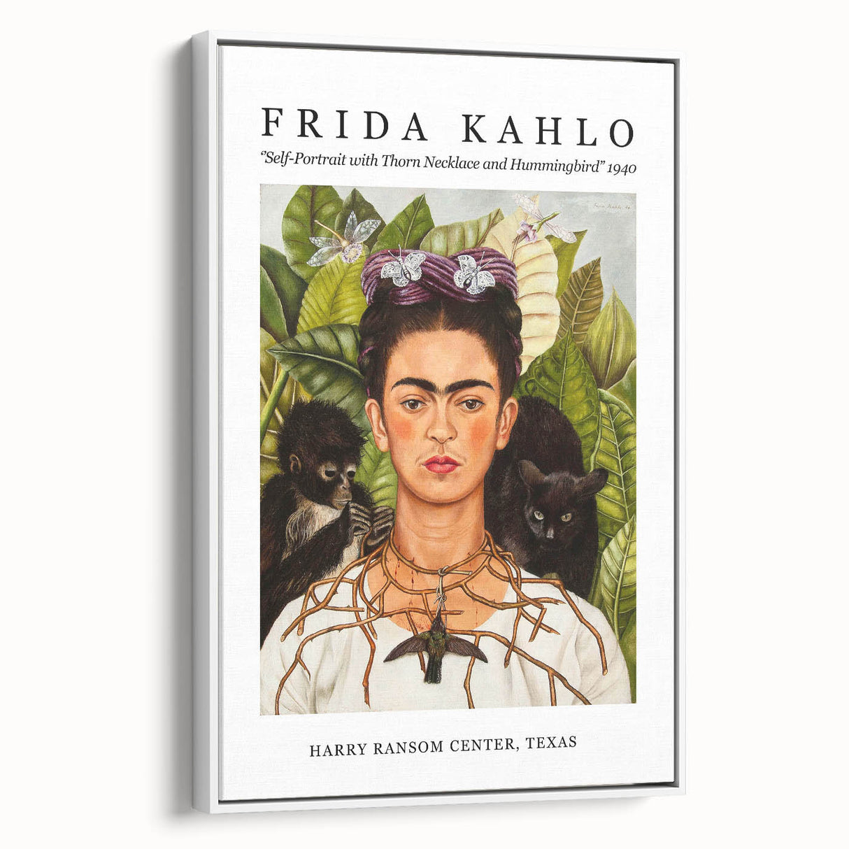 Framed canvas vintage poster art of Frida Kahlo with colorful accents, ideal for living room decor.