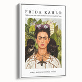 Framed canvas vintage poster art of Frida Kahlo with colorful accents, ideal for living room decor.